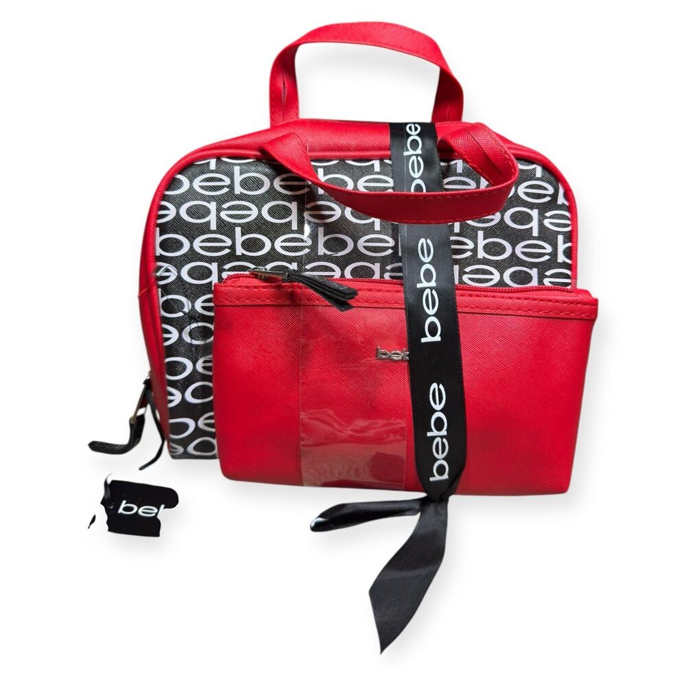 Bebe Two Piece Cosmetic Bag Set w/ Two Small‎ Bottles Red Black White Logo New
